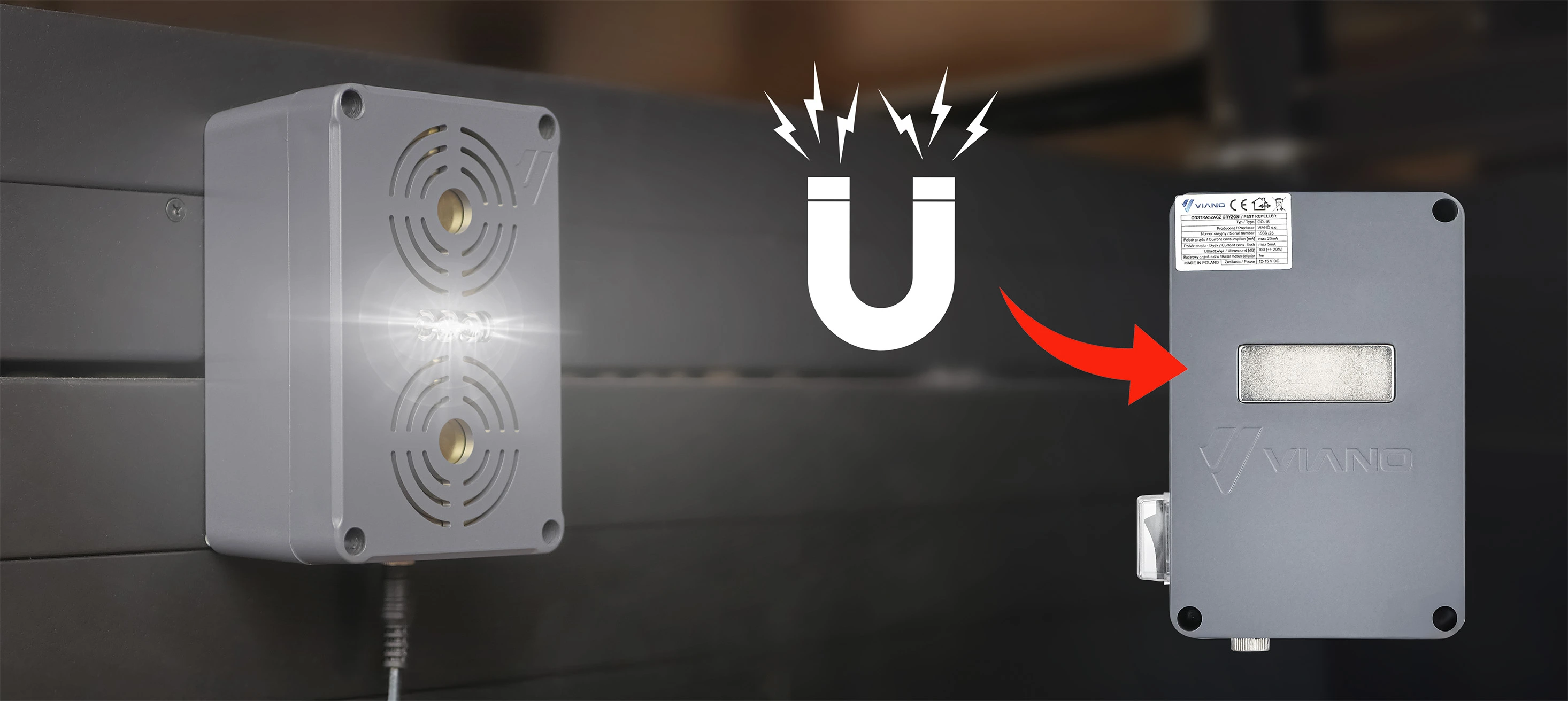Grafika przedstawiająca wodoodporny odstraszacz Viano zamontowany na metalowej powierzchni, z wyróżnionym tylnym magnesem umożliwiającym szybki montaż.