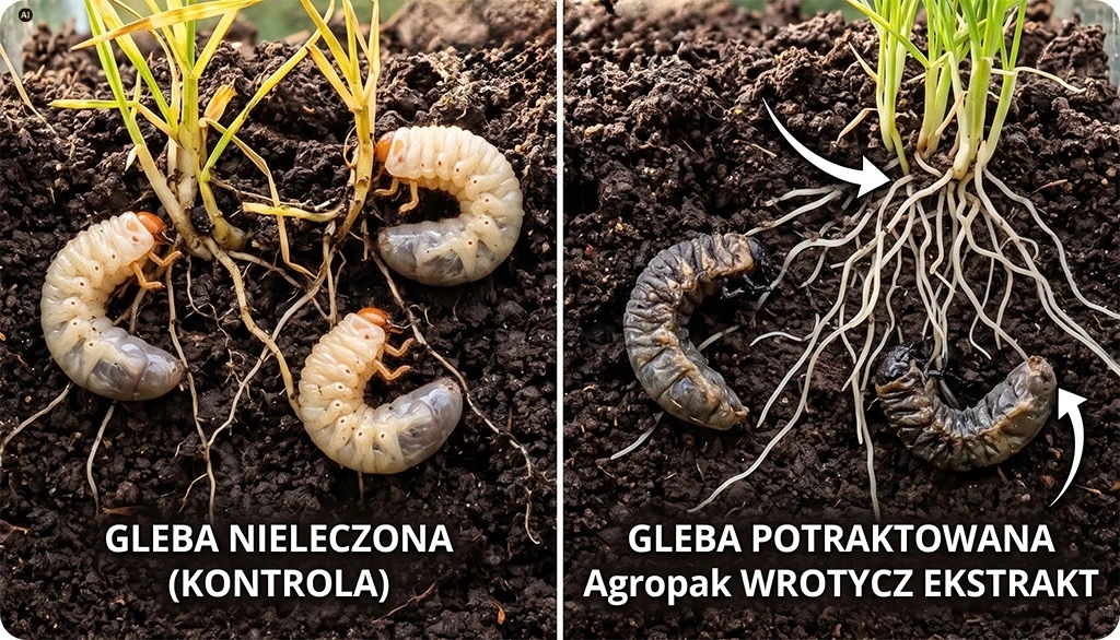 Porównanie gleby: nieleczona – jasne pędraki; potraktowana Agropak WROTYCZ EKSTRAKT – ciemne pędraki i gęstsze korzenie.