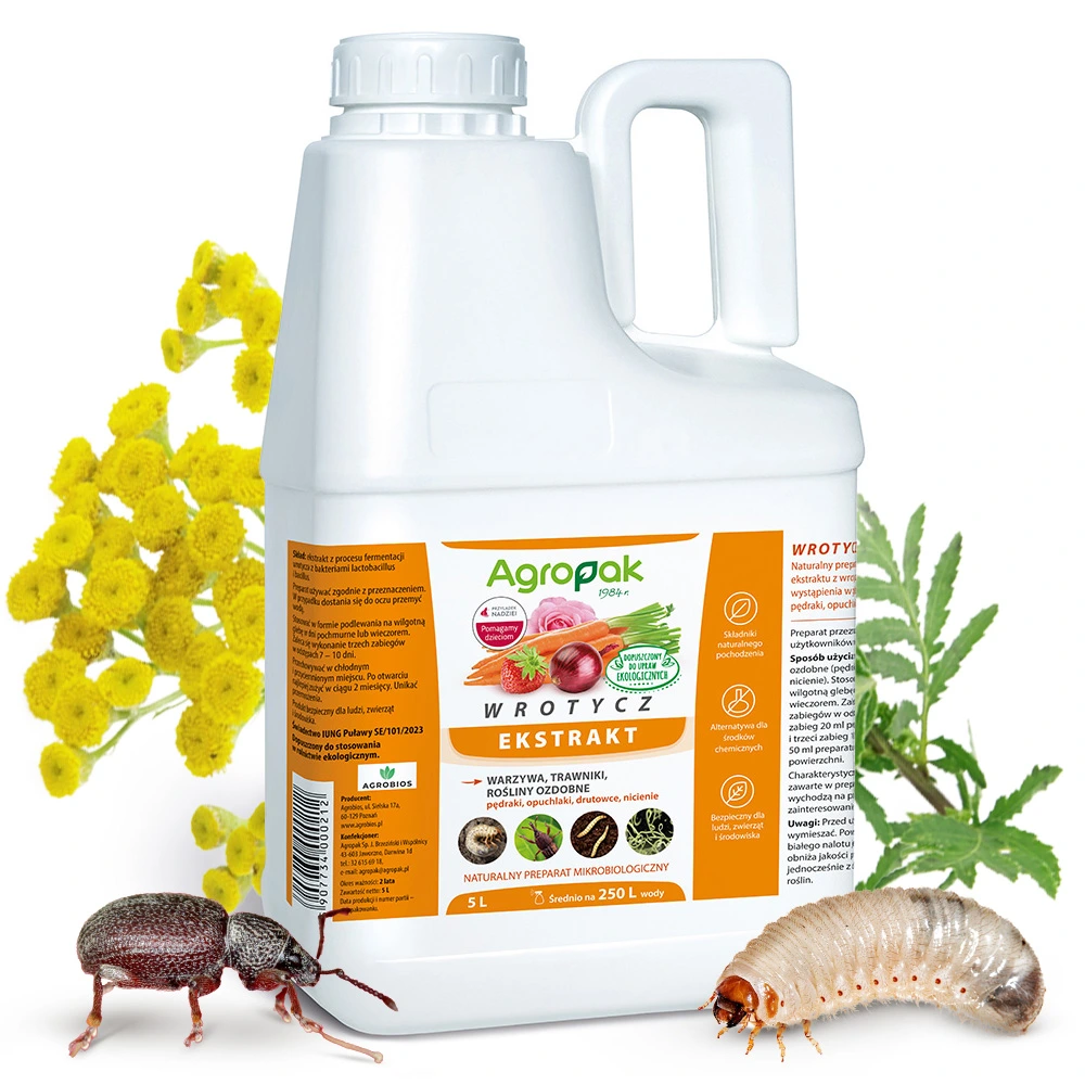 Ekologiczny ekstrakt z wrotyczu Agropak, 5 l, na szkodniki glebowe, średnio na 250 l wody do warzyw i trawników.