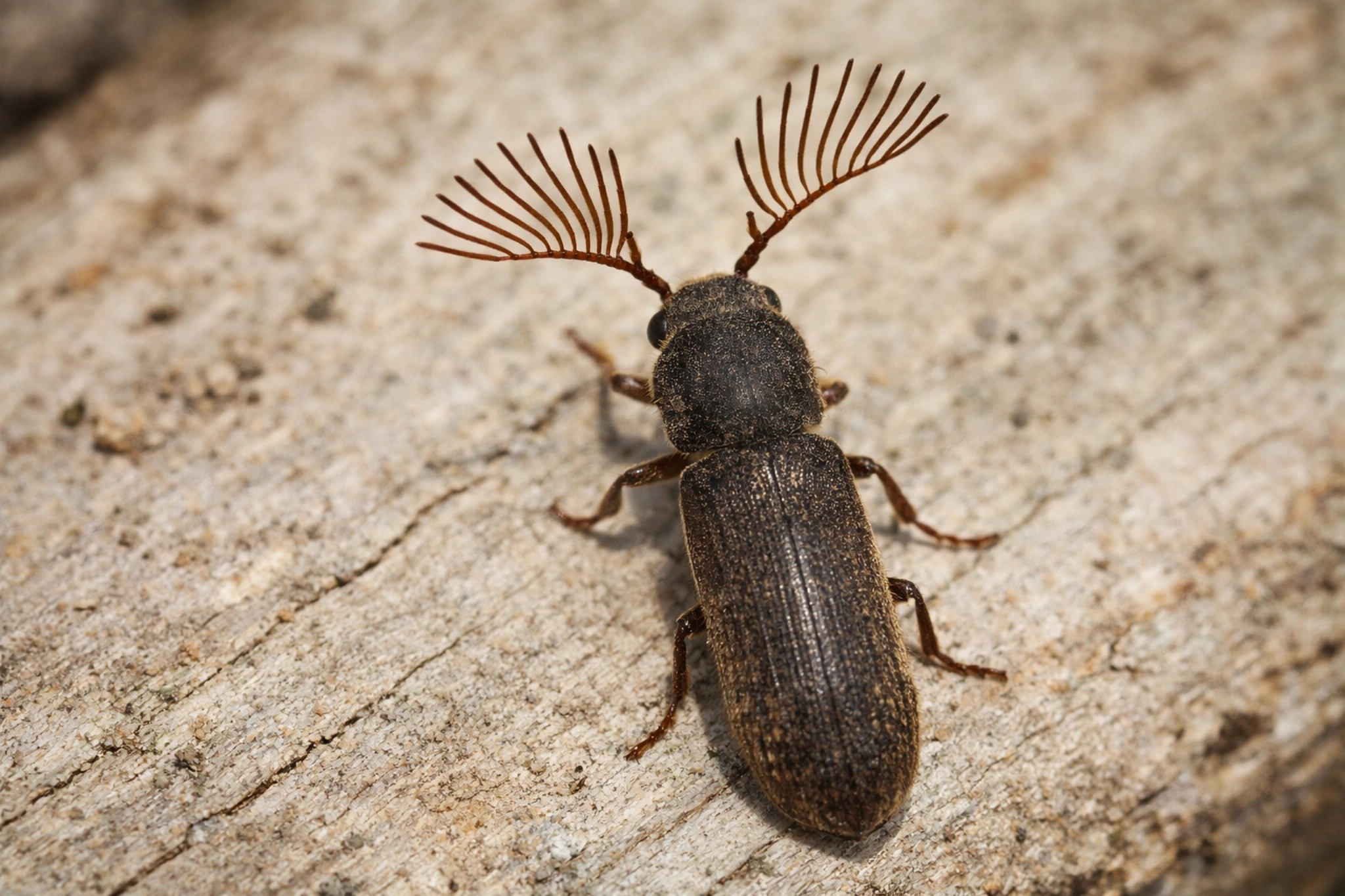 Wyschlik grzebykorożny na drewnie – dorosły chrząszcz z charakterystycznymi grzebieniastymi czułkami