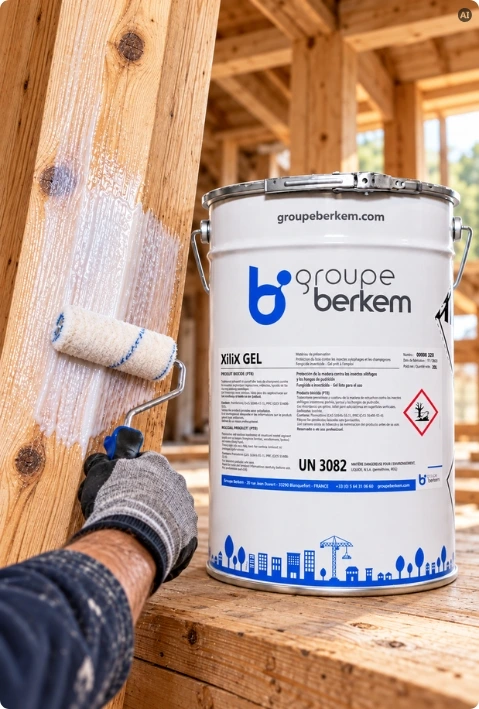 Aplikacja preparatu XiliX GEL wałkiem na drewnianą belkę konstrukcyjną, obok białe wiadro Groupe Berkem.