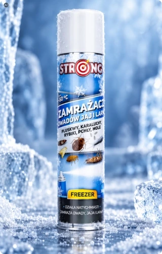 Aerozol Strong Freezer do zamrażania owadów, jaj i larw, przedstawiony w zimowej scenerii z lodem i szronem.