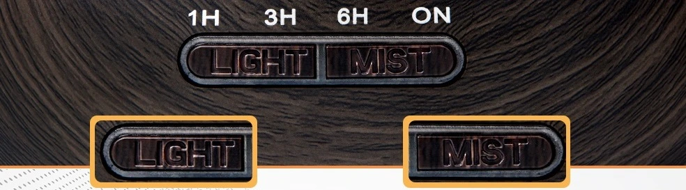 Zbliżenie na przyciski dyfuzora: „LIGHT” do sterowania podświetleniem i „MIST” do włączania mgiełki oraz timera.