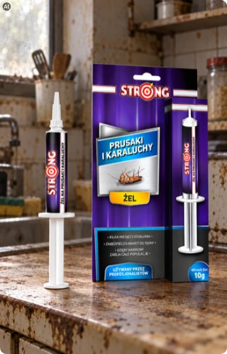 STRONG żel na prusaki i karaluchy 10 g – opakowanie produktu i aplikator ze środkiem owadobójczym na blacie starej kuchni.