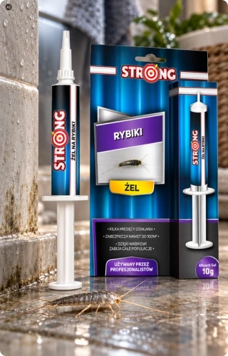 Żel na rybiki STRONG w strzykawce 10 g i niebieskim opakowaniu, ustawiony na podłodze w łazience obok rybika.