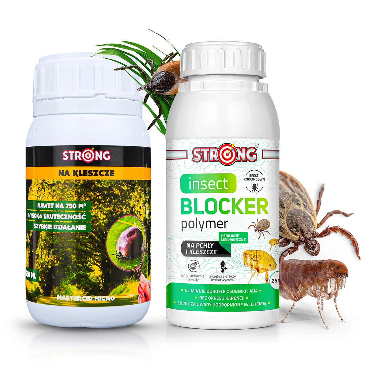 Dwa preparaty na kleszcze i owady Strong w białych butelkach 250 ml; widoczne kleszcz i pchła obok opakowań.