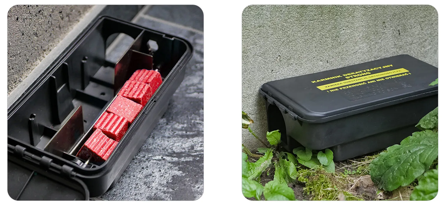 Stacja deratyzacyjna Strong umieszczona przy murze; po lewej stronie otwarta z widoczną trutką w postaci różowej kostki; po prawej zamknięta z widocznym żółtym napisem ostrzegawczym.